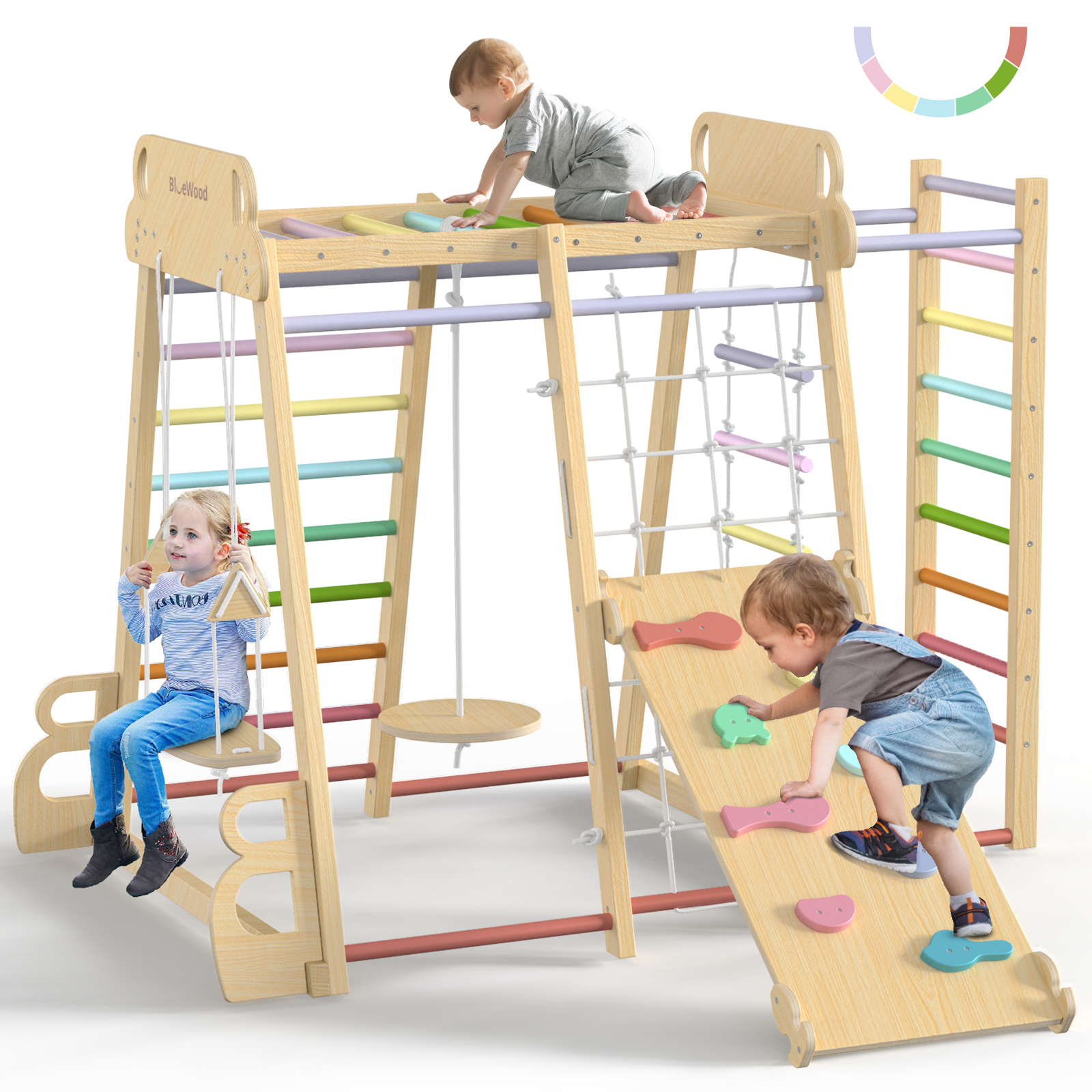 Safari Land - Juegos de columpios para gimnasios de jungla de interior BlueWood® *Arcoíris